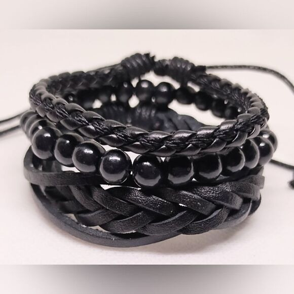 Men's leather bracelets set layered braided beaded black new e43 - Picture 1 of 1